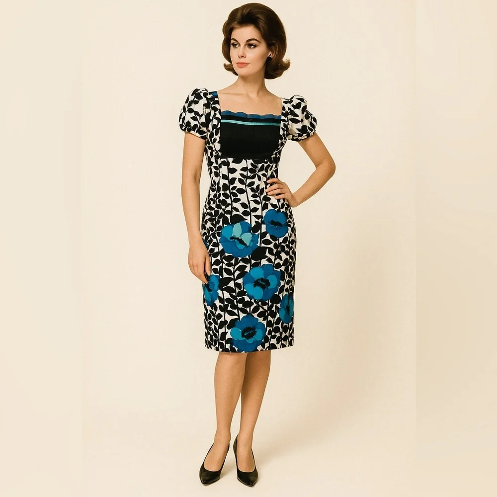 Vintage floral print black white, square neck,‎ bubble short sleeve sheath dress